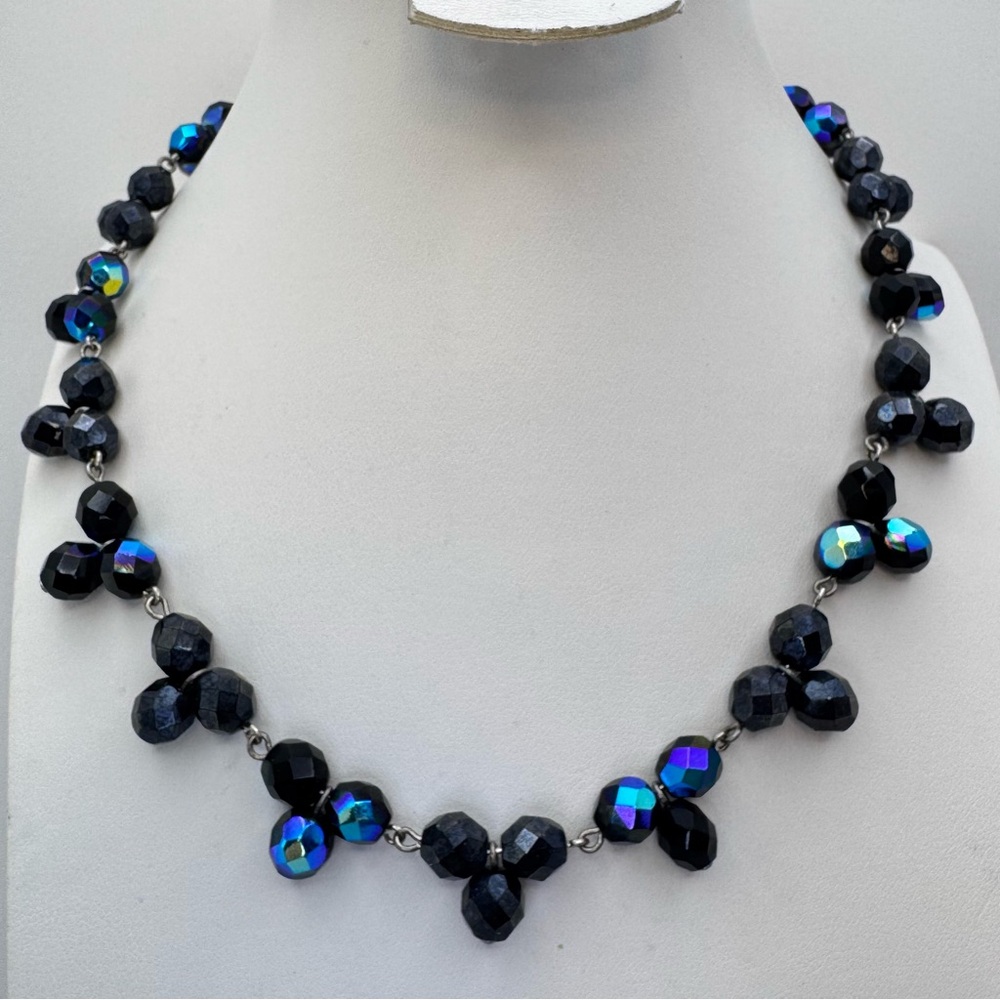 Vintage Look Black AB Crystal Glass Beaded Necklace Statement Cluster Retro